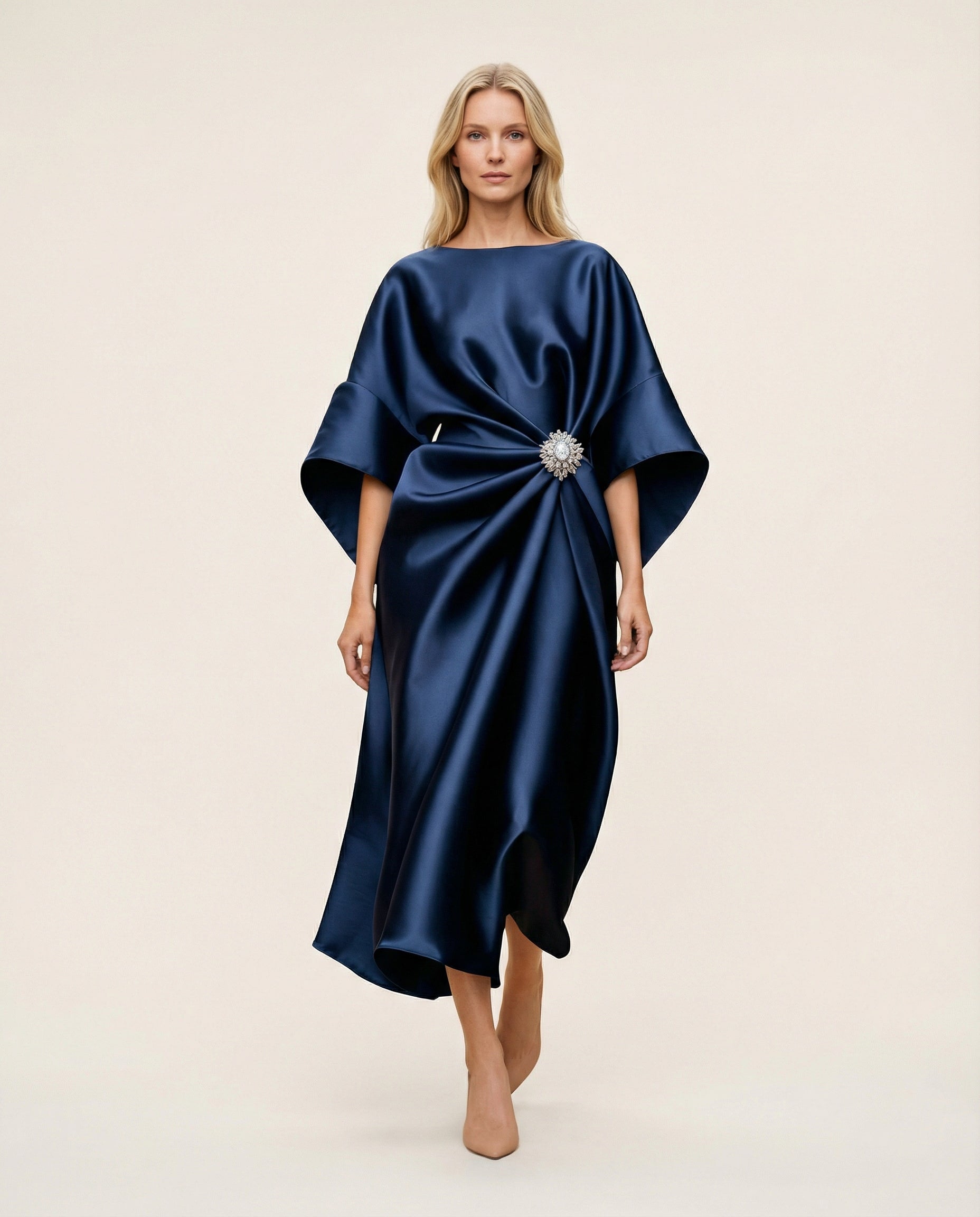 Silky Satin Midi Dress – Draped Fit with Waist Accent