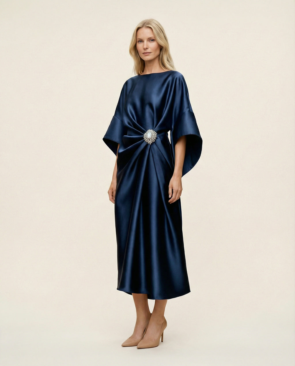 Silky Satin Midi Dress – Draped Fit with Waist Accent
