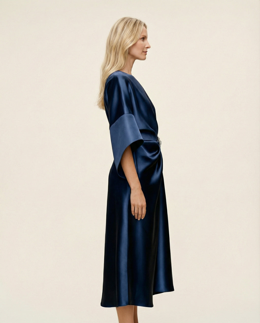 Silky Satin Midi Dress – Draped Fit with Waist Accent